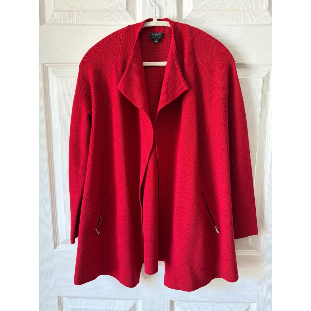 Talbots Cardigan Sweater MP Red Merino Wool Open Front Zip Pocket Classic